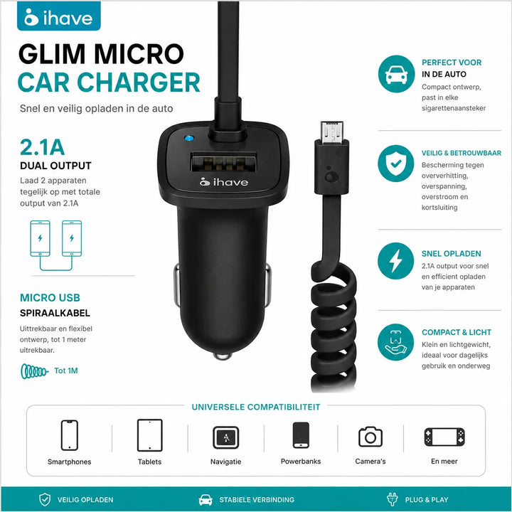 iHave Glim Micro Autolader – 2.1A Dual USB Autolader met Micro USB Kabel – Zwart-Ilumina Benelux