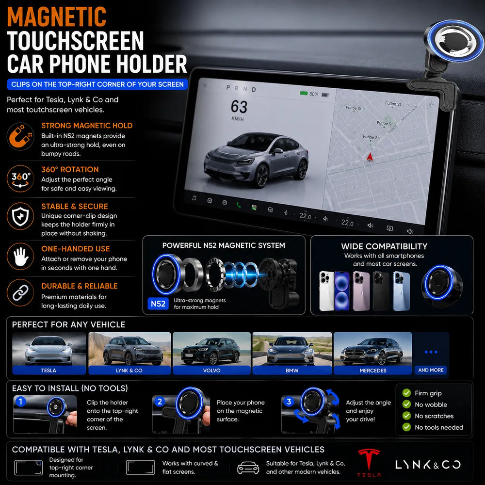 MagSafe Touchscreen Auto Telefoonhouder – Voor Tesla, Lynk & Co en Andere Touchscreen Voertuigen – Zwart-Ilumina Benelux