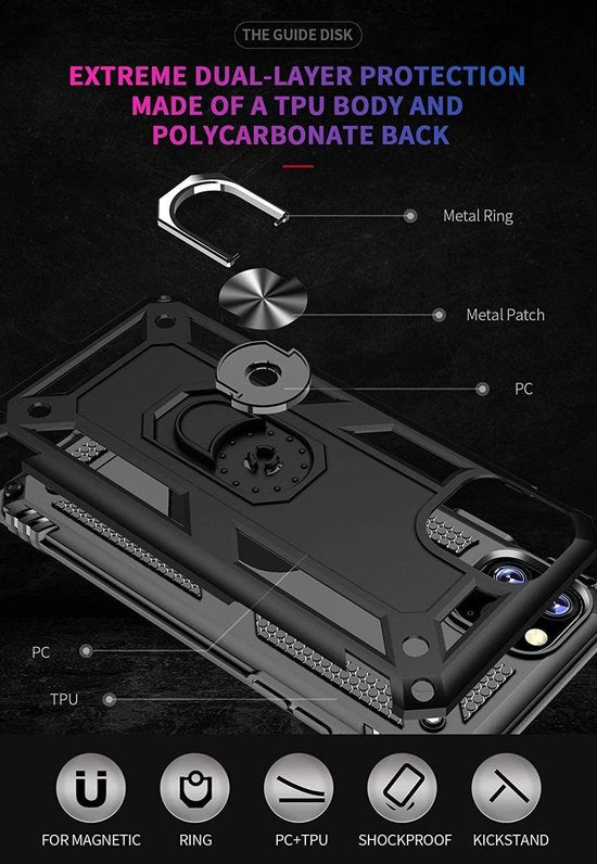 Zwart iPhone 11 Pro hoesje met metalen ringhouder, schokbestendig TPU en PC dual-layer bescherming.