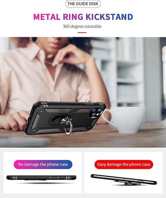 Zwarte schokbestendige iPhone 11 Pro Max hoes met metalen ring kickstand en versterkte bumper.