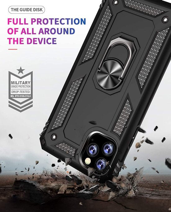 Zwarte schokbestendige iPhone 11 Pro Max hoes met ringstandaard en militaire valbescherming.