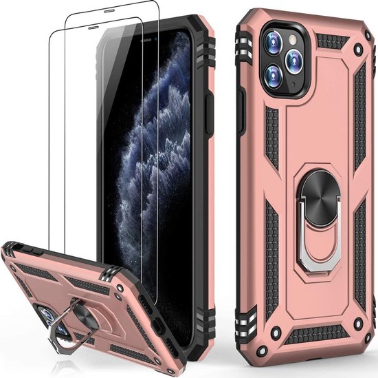 Roségoud iPhone 12 Ring Armor hoesje met schokbestendige backcover en twee gehard glas screenprotectors.