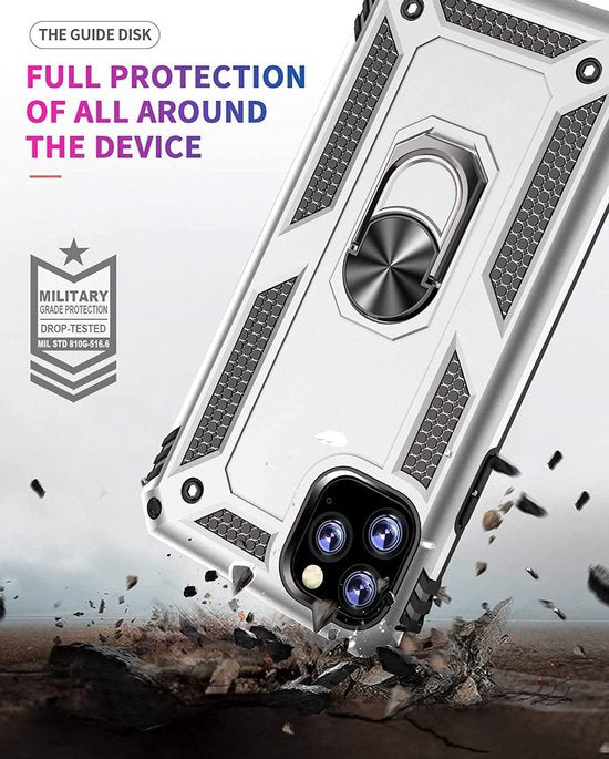 Zilveren iPhone 12 Ring Armor backcover met schokbestendige bumper en geïntegreerde ringstandaard.