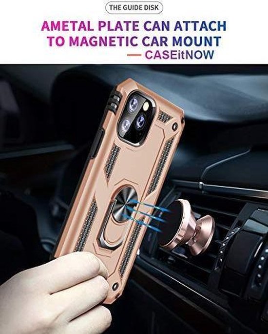 Goudkleurige Ring Armor backcover voor iPhone 12, schokbestendig, met geïntegreerde ringstand en magnetische autohouder.
