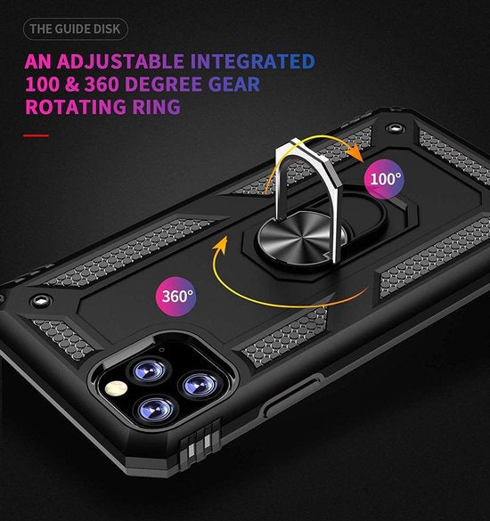 Zwart schokbestendig iPhone 12 Pro hoesje met roterende ringhouder en textuurdetails.
