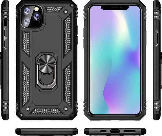 Zwart schokbestendig iPhone 12 Pro hoesje met ringhouder en pantserdesign, inclusief screenprotector.