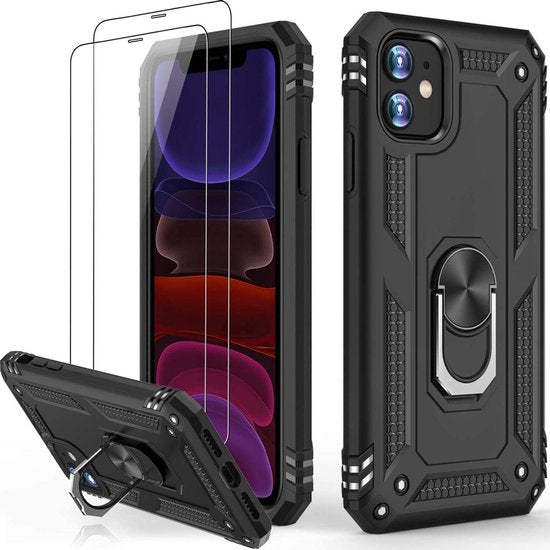 Zwart schokbestendig iPhone 12 Pro hoesje met ringhouder en twee gehard glas screenprotectors.