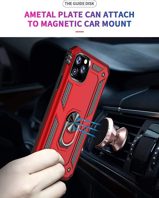 Rood iPhone 12 Pro Max ring armor backcover met geïntegreerde metalen plaat voor magnetische autohouder.