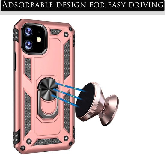 Roségoud iPhone 12 Pro Max Ring Armor backcover met schokbestendige bumper en magnetische autohouder.