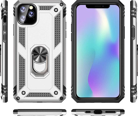 Zilveren schokbestendige ring armor backcover voor iPhone 12 Pro Max met geïntegreerde ringhouder.