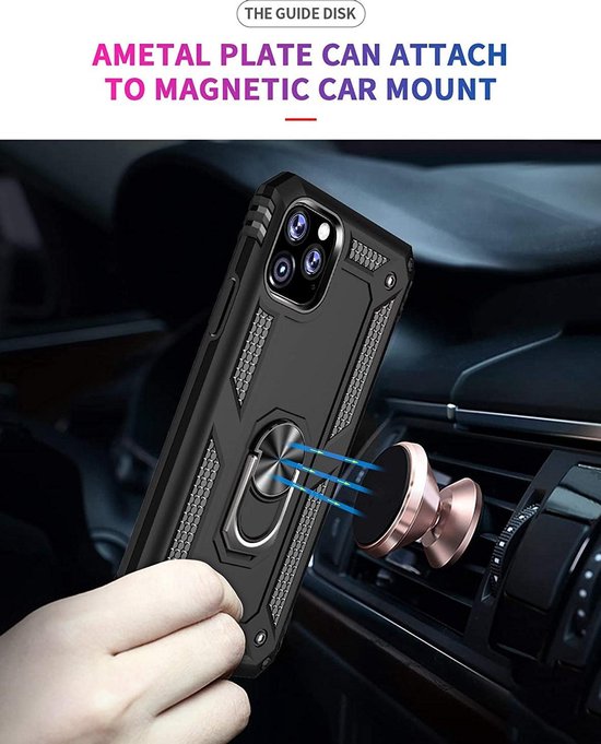 Zwarte iPhone 12 Pro Max ring armor backcover met magnetische autohouder.