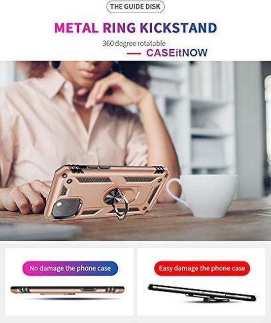 Gouden iPhone 12 Pro Max hoesje met schokbestendige Ring Armor en 360° draaibare metalen kickstand.
