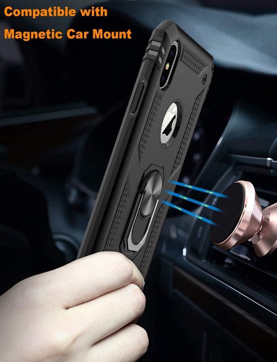 Zwarte iPhone XR ring armor backcover met geïntegreerde ringhouder, compatibel met magnetische autohouder.