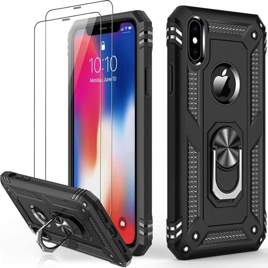Zwarte schokbestendige iPhone XR ring armor backcover met geïntegreerde ringhouder en twee gehard glas screenprotectors.