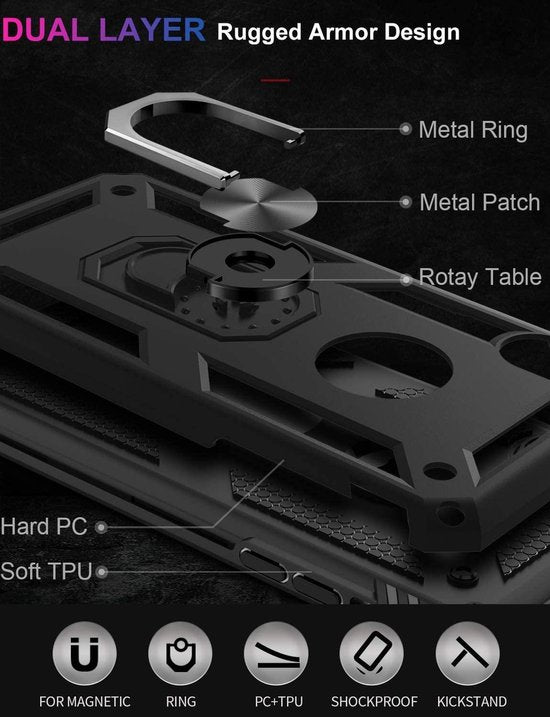 Apple iPhone X/XS Hoesjes – Shockproof Ring Armor Backcover – Inclusief 2x Gehard Glas Screenprotector – Zwart-Ilumina Benelux