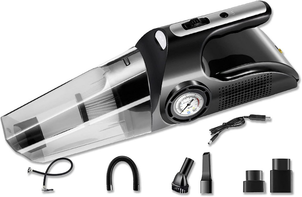 Autostofzuiger auto – 4-in-1 8000PA – Compressor & bandenspanningsmeter – Nat/Droog 12V 120W – LED-lamp – Zwart-Kruimelzuiger-Ilumina Benelux