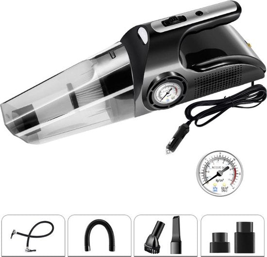 Autostofzuiger auto – 4-in-1 8000PA – Compressor & bandenspanningsmeter – Nat/Droog 12V 120W – LED-lamp – Zwart-Kruimelzuiger-Ilumina Benelux