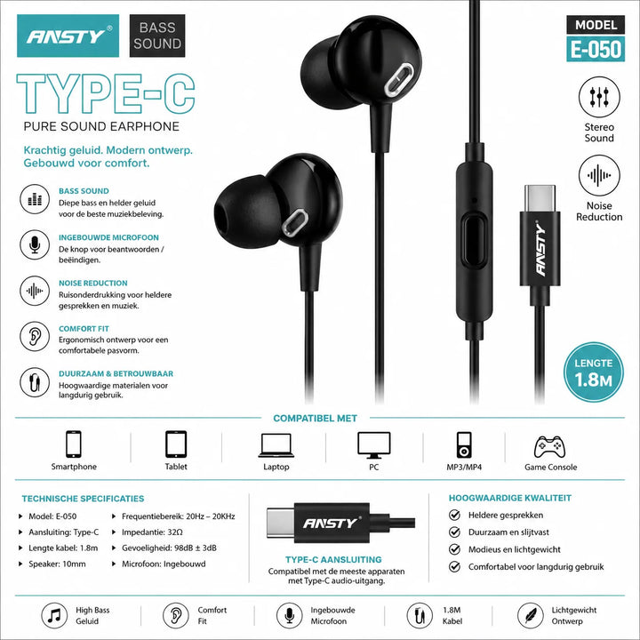 ANSTY E-050 USB-C Oordopjes met Microfoon – Type-C Stereo Earphones – Bass Sound-Ilumina Benelux