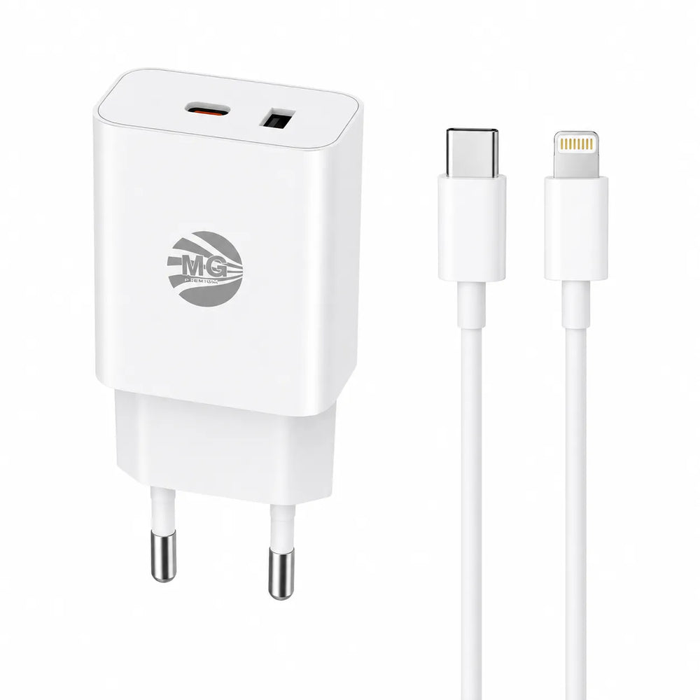Snellader met Kabel – 20W Power Delivery – USB-C + USB-A – USB-C naar Lightning Kabel 1 Meter – Wit-Ilumina Benelux