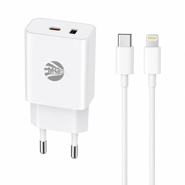 Snellader met Kabel – 20W Power Delivery – USB-C + USB-A – USB-C naar Lightning Kabel 1 Meter – Wit-Ilumina Benelux