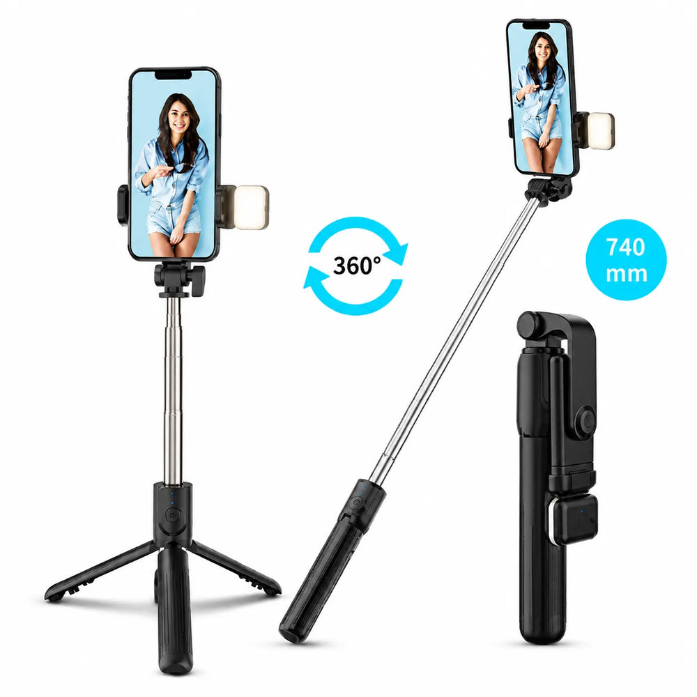 Selfie Stick met LED Verlichting en Bluetooth Afstandsbediening – Uitschuifbaar Statief 104 cm – 360° Draaibaar – Geschikt voor iPhone & Android Smartphones – Zwart