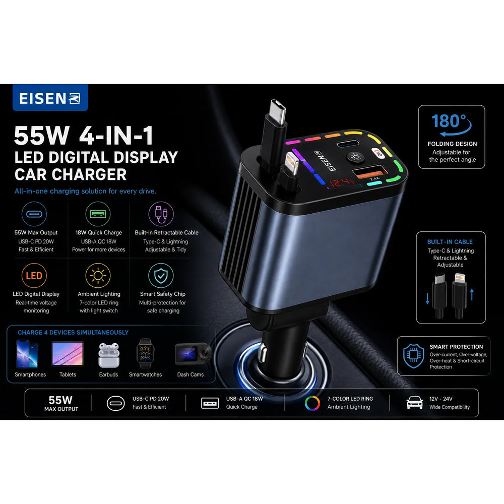 55W 4-in-1 Fast Charge Autolader met LED Display en Uitschuifbare Kabels-Ilumina Benelux
