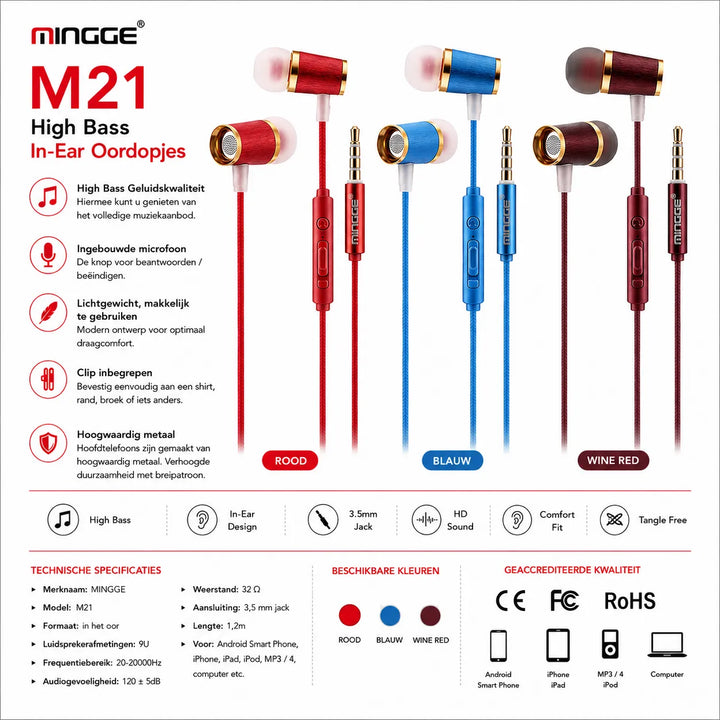 Mingge M21 High Bass In-Ear Oordopjes met Microfoon – 3.5mm Stereo Headset - Wine Red-Ilumina Benelux