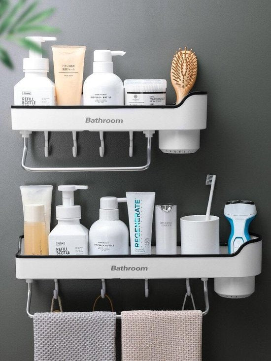 Badkamer plank – Wandmontage shampoo opbergrek – Handdoekenrek & kruidenrek – Zonder boren – 45 cm – Zwart-Ilumina Benelux