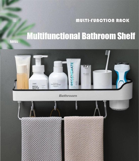 Badkamer plank – Wandmontage shampoo opbergrek – Handdoekenrek & kruidenrek – Zonder boren – 45 cm – Zwart-Ilumina Benelux