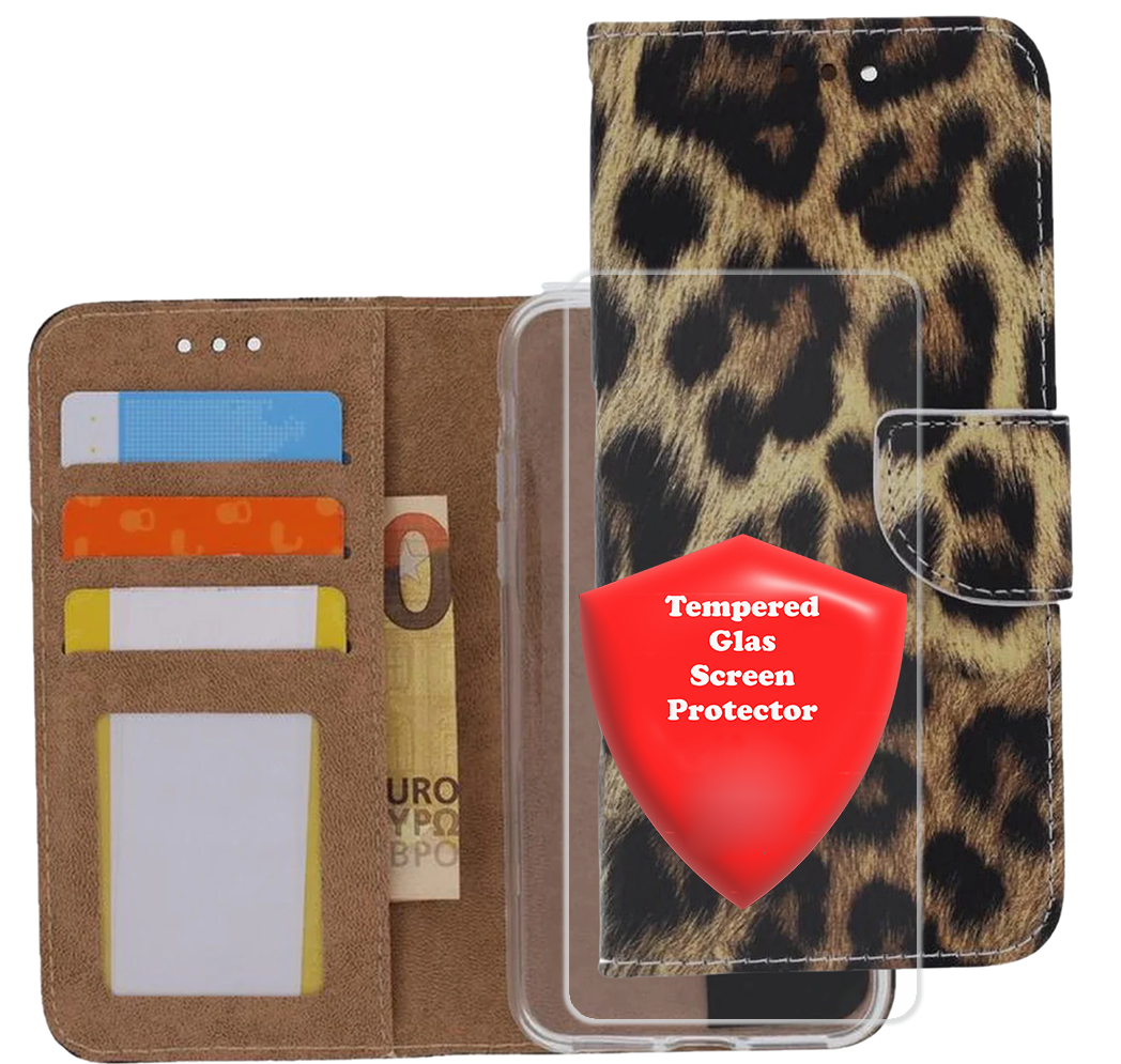 Bookcase Geschikt voor: Samsung Galaxy A71 - Luipaard - Portemonnee hoesje met 2x Glas Screenprotector
