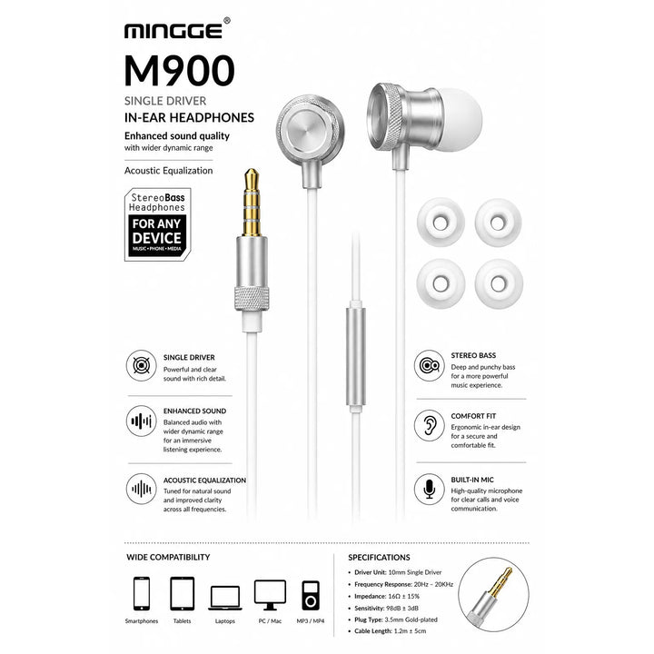 Mingge M900 In-Ear Metal Super Bass Oordopjes met Microfoon – 3.5mm Stereo Headset – Zilver-Ilumina Benelux