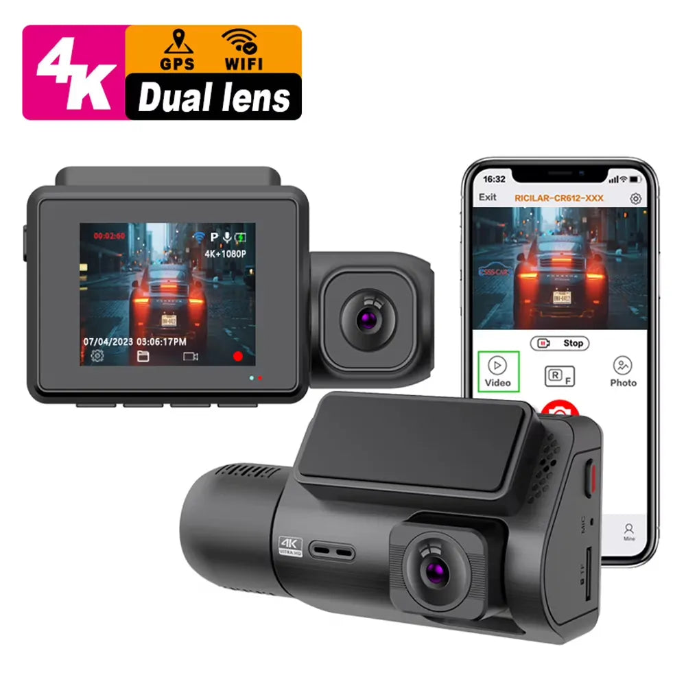 4K Dashcam Voorruit + Interieur Camera met GPS – 2160P Front & 1080P Cabin – WiFi App – Parkeermodus – 256GB Ondersteuning