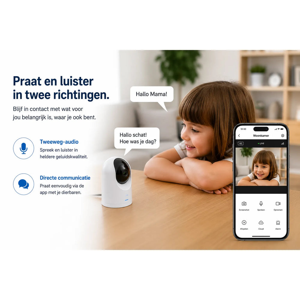 Draadloze IP Beveiligingscamera 1080P HD – 355° Pan & 90° Tilt – WiFi – Nachtzicht – Tweeweg Audio-Ilumina Benelux