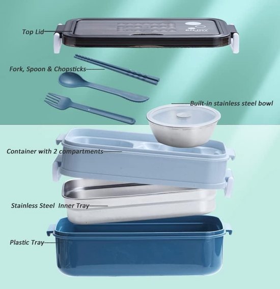 Bento lunchbox – 1260ml 3 compartimenten – RVS inzet – Inclusief bestek – Lekvrij – Magnetron & vaatwasser – Blauw-Lunchbox-Ilumina Benelux