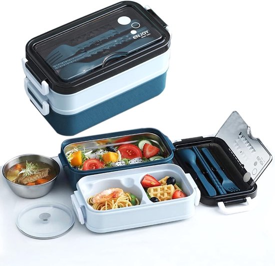 Bento lunchbox – 1260ml 3 compartimenten – RVS inzet – Inclusief bestek – Lekvrij – Magnetron & vaatwasser – Blauw-Lunchbox-Ilumina Benelux