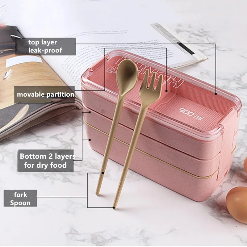 Bento lunchbox – 3 compartimenten – Met bestek set – Stapelbaar voedselbewaardoos voor kinderen – Groen-Lunchbox-Ilumina Benelux