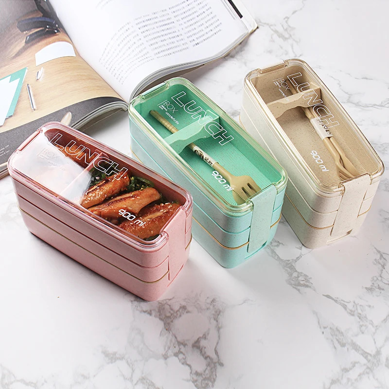 Bento lunchbox – 3 compartimenten – Met bestek set – Stapelbaar voedselbewaardoos voor kinderen – Groen-Lunchbox-Ilumina Benelux