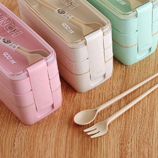 Bento lunchbox – 3 compartimenten – Met bestek set – Stapelbare voedselbewaardoos voor kinderen – Roze-Lunchbox-Ilumina Benelux