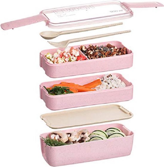 Bento lunchbox – 3 compartimenten – Met bestek set – Stapelbare voedselbewaardoos voor kinderen – Roze-Lunchbox-Ilumina Benelux