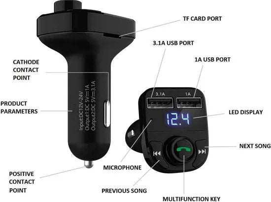 Bluetooth FM transmitter auto – LuxeBass HY-82 – Handsfree bellen – MP3 speler – USB autolader – AUX – TF kaart – Zwart-Ilumina Benelux