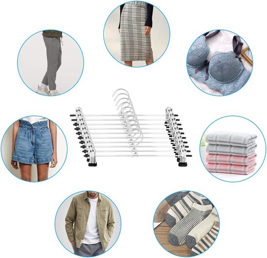 Broekhangers – Metalen knijperhangers voor broeken & rokken – Set van 10 – Antislip klemmen – Zilver-Kledinghanger-Ilumina Benelux