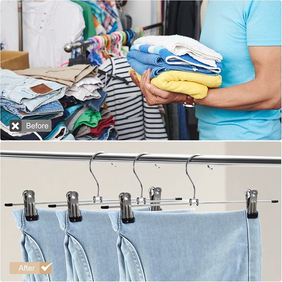 Broekhangers – Metalen knijperhangers voor broeken & rokken – Set van 10 – Antislip klemmen – Zilver-Kledinghanger-Ilumina Benelux