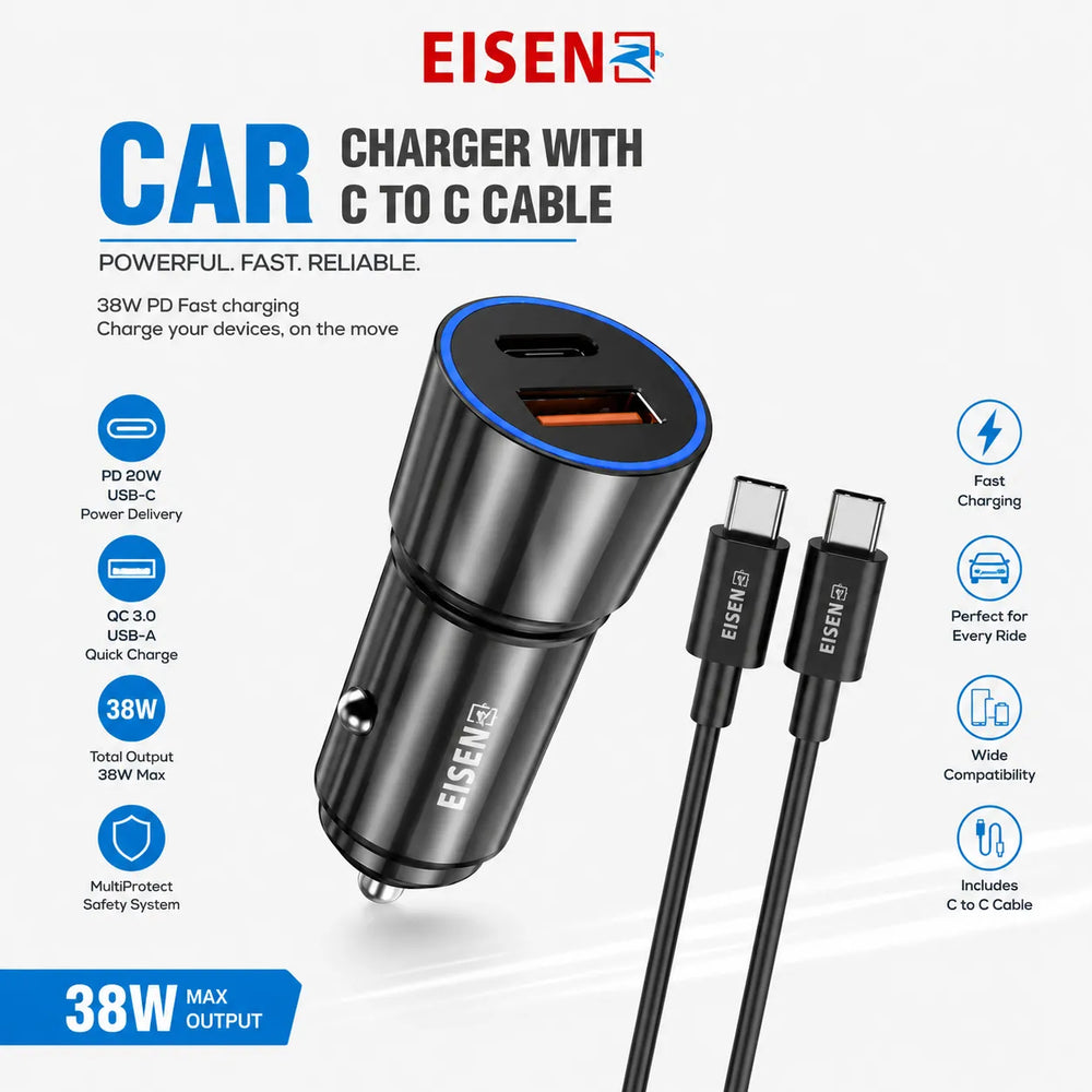 38W Fast Charge Autolader USB-C PD & QC3.0 met USB-C naar Lightning Kabel-Ilumina Benelux