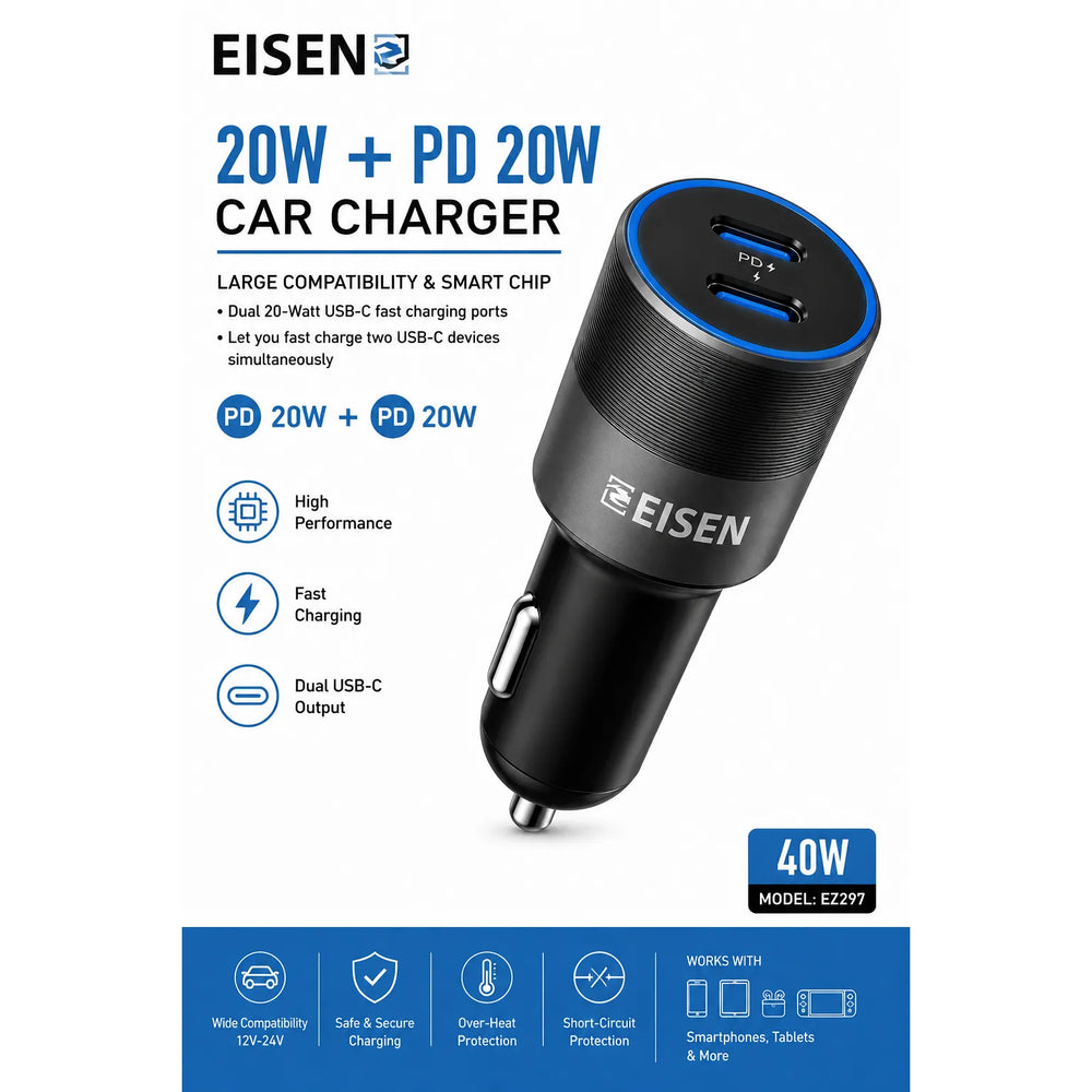 40W Dual USB-C Fast Charge Autolader PD Snellader Zwart-Ilumina Benelux