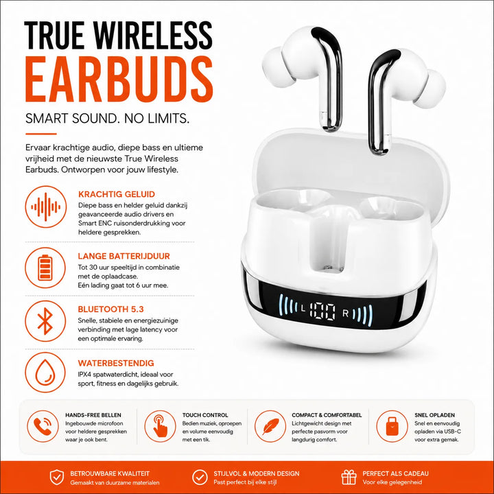 Draadloze Bluetooth Oordopjes met ENC – LED Display – True Wireless Earbuds – Wit-Ilumina Benelux