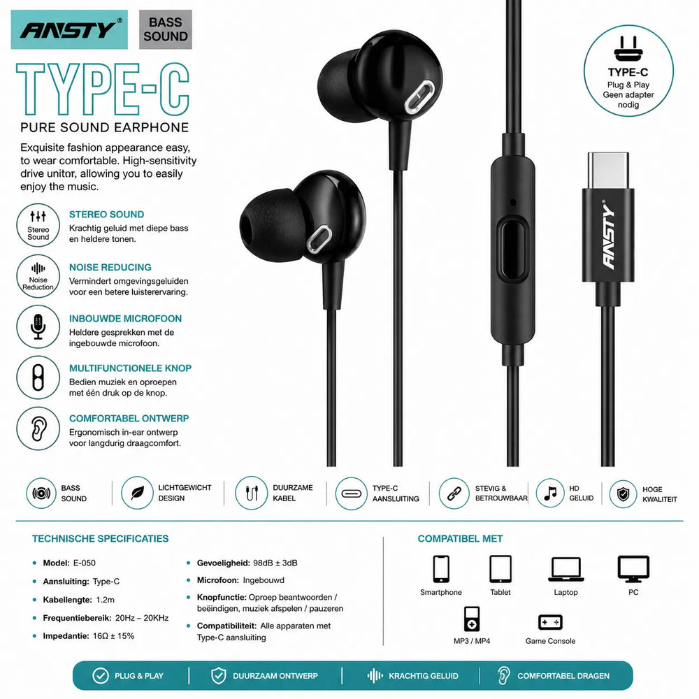 ANSTY E-050 USB-C Oordopjes met Microfoon – Type-C Stereo Earphones – Bass Sound-Ilumina Benelux