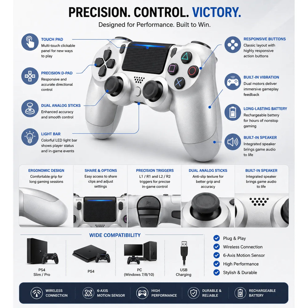 Draadloze Gaming Controller voor PS4 & PC – Dual Vibration – Touchpad – Oplaadbaar – Grijs-Ilumina Benelux