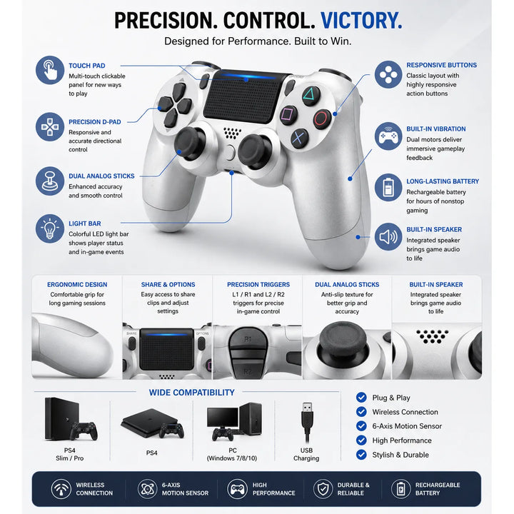 Draadloze Gaming Controller voor PS4 & PC – Dual Vibration – Touchpad – Oplaadbaar – Grijs-Ilumina Benelux