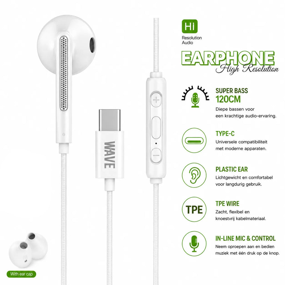 USB-C Oordopjes – Bedrade In-Ear Koptelefoon met Microfoon & Volumeregeling – Type-C Earphones – 120 cm Kabel – Wit