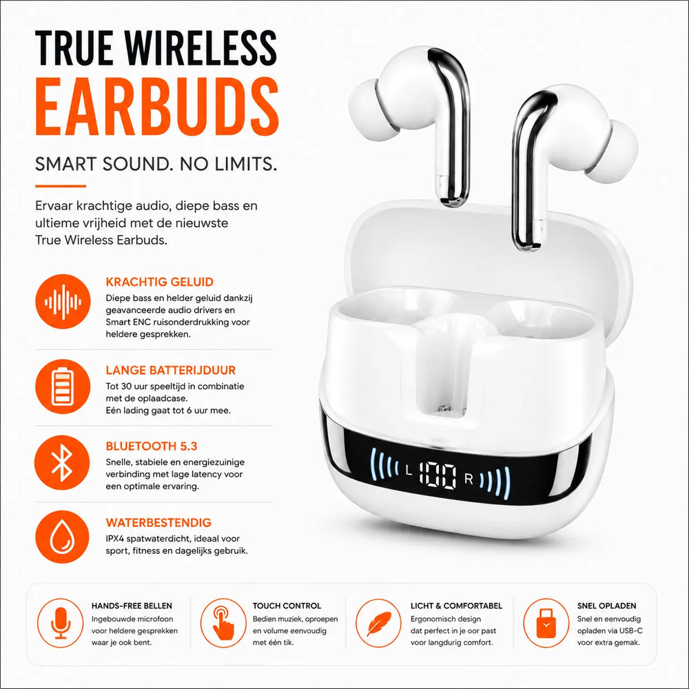 Draadloze Bluetooth Oordopjes met ENC – LED Display – True Wireless Earbuds – Wit-Ilumina Benelux
